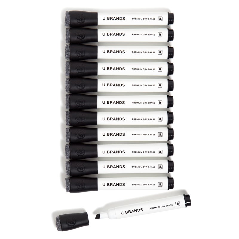 U Brands Fine Tip Dry Erase Markers with Eraser, Whiteboard Markers with Chisel tip, Low Odor, Black, Set of 12 - Image 1